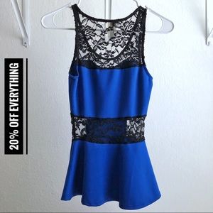 Blue Sleeveless Blouse w/Black Lace SM